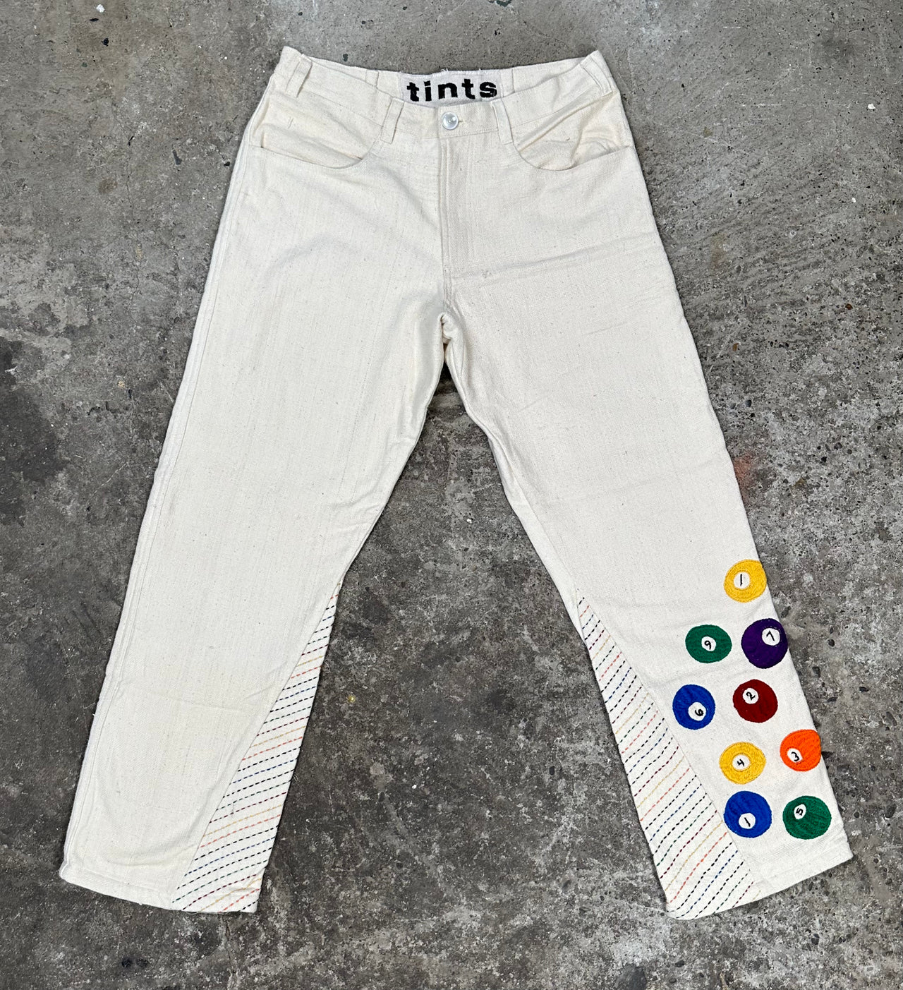 billiard balls organic cotton pants with running stitch