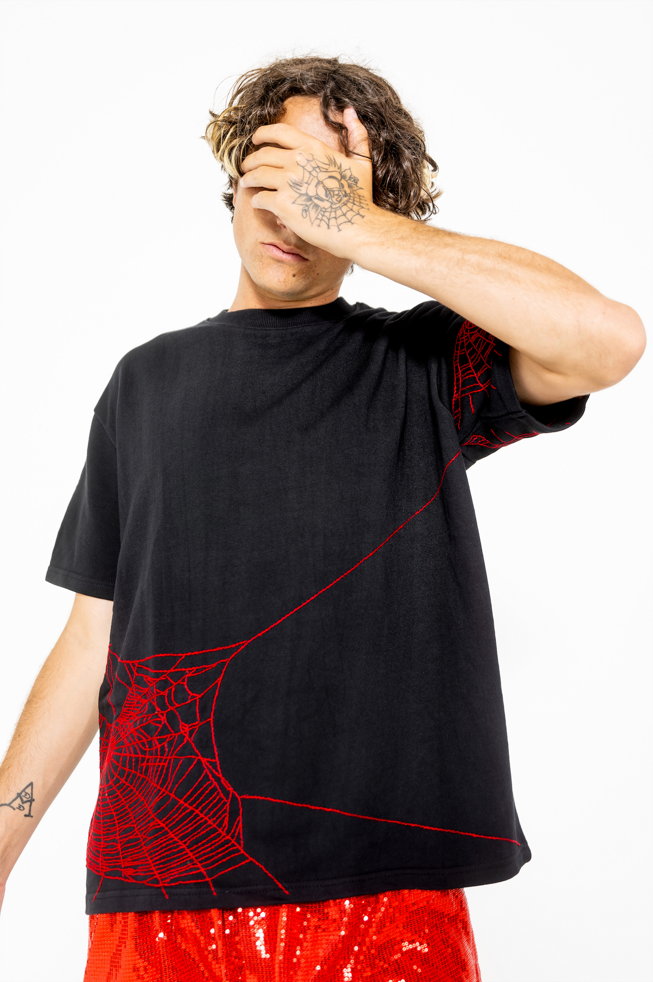 red creeped hand embroidered t-shirt