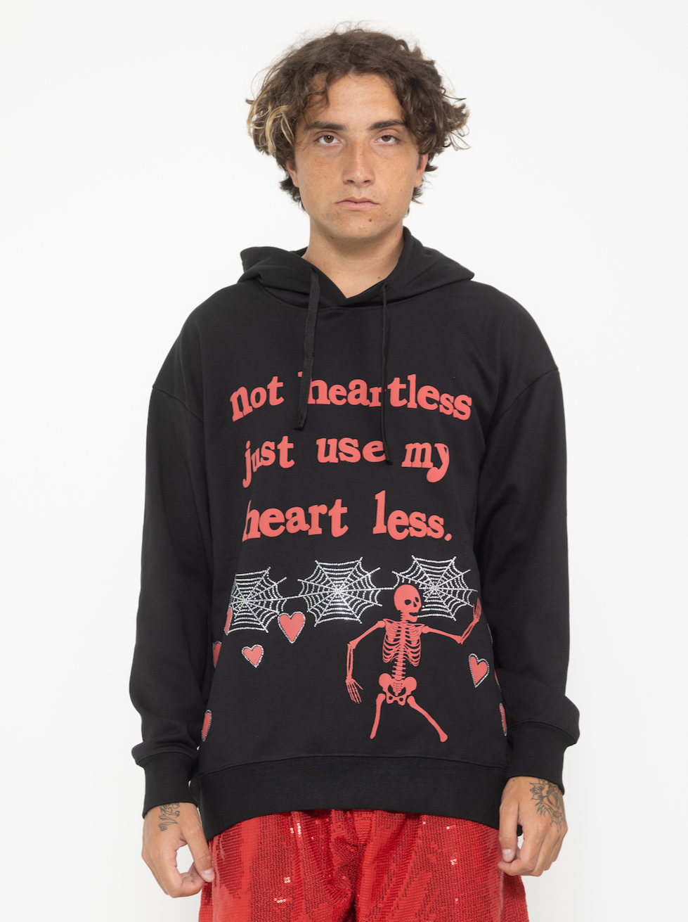 heartless puff-print rhinestone black hoodie